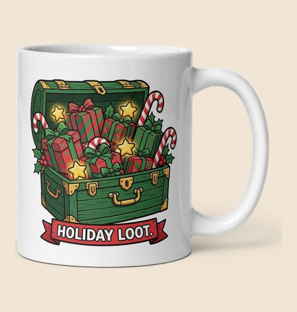 An original festive treasure chest overflowing with wrapped presents, candy canes, and glowing star-shaped tokens, on a mug (example made with AI)