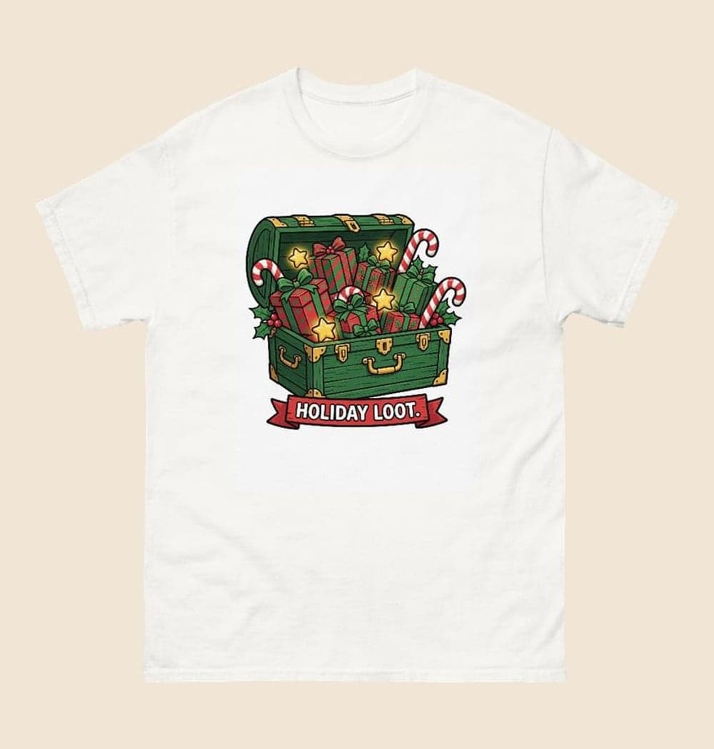 An original festive treasure chest overflowing with wrapped presents, candy canes, and glowing star-shaped tokens, on a t-shirt (example made with AI)