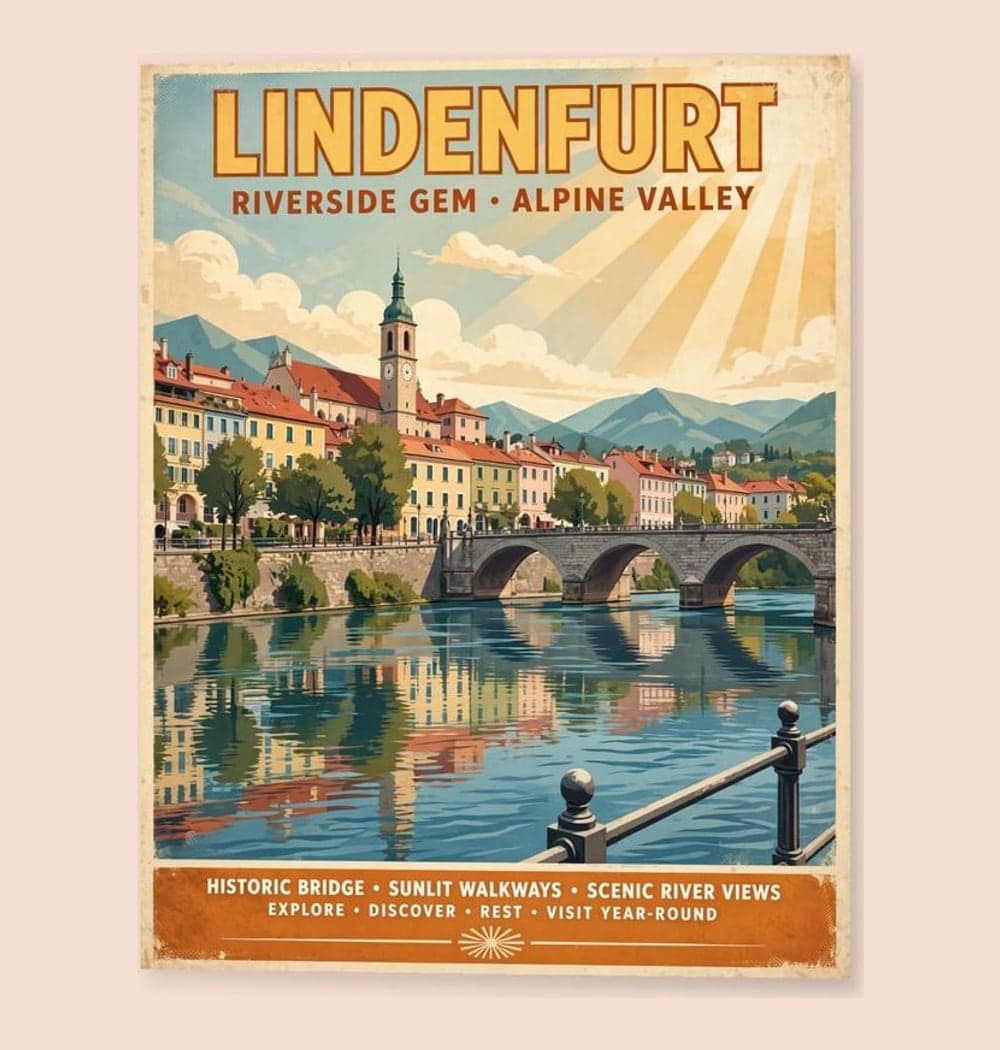 An original vintage travel poster of the favorite destination using the supplied reference photos, on a matte poster (example made with AI)