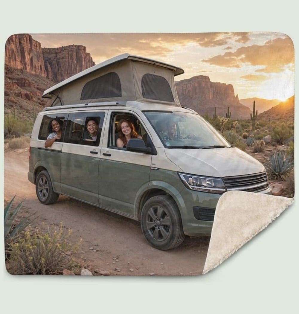 The group traveling along a scenic road in the supplied vehicle, with recognizable faces visible through the windows, on a blanket (example made with AI)