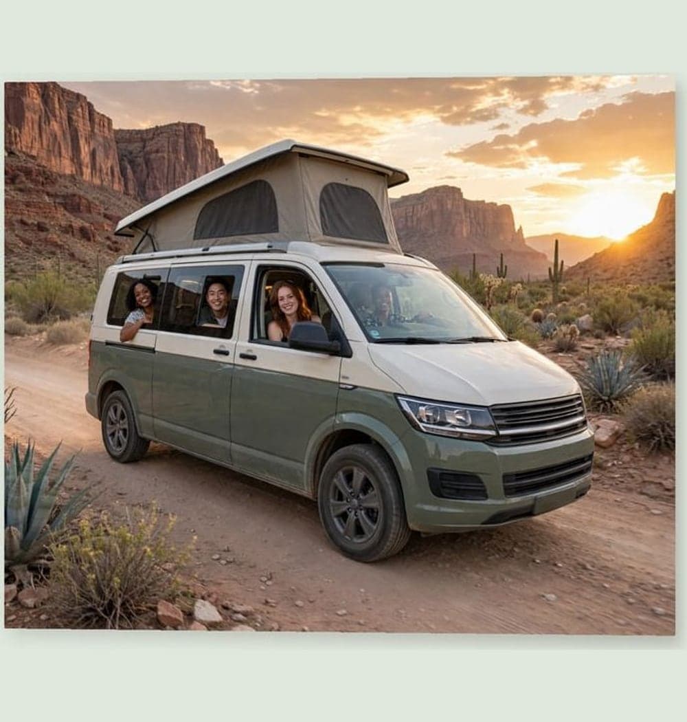 The group traveling along a scenic road in the supplied vehicle, with recognizable faces visible through the windows, on a matte poster (example made with AI)