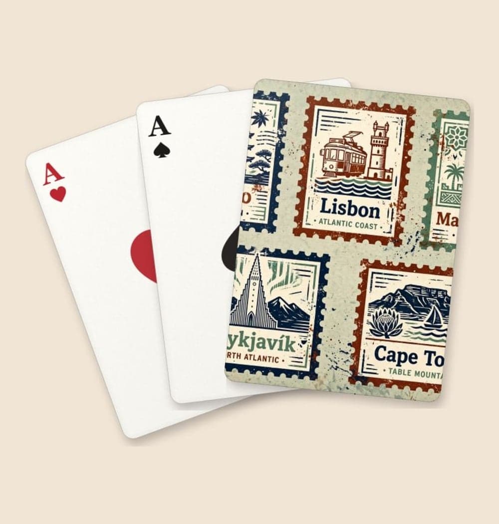A collage of original fictional travel stamps representing the supplied destinations, with simplified landmarks and exact place names, on playing cards (example made with AI)