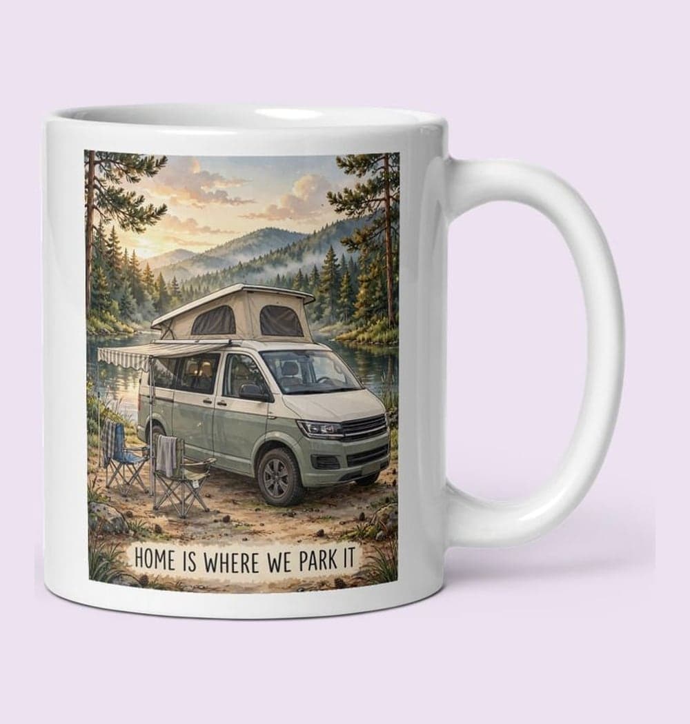 A charming illustrated portrait of the camper van in the favorite landscape, with a small awning, folding chairs, and warm evening light, on a mug (example made with AI)