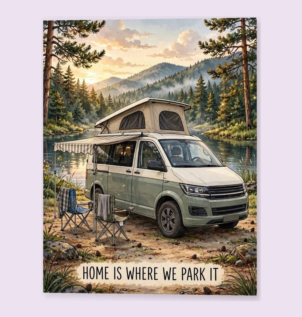 A charming illustrated portrait of the camper van in the favorite landscape, with a small awning, folding chairs, and warm evening light, on a matte poster (example made with AI)