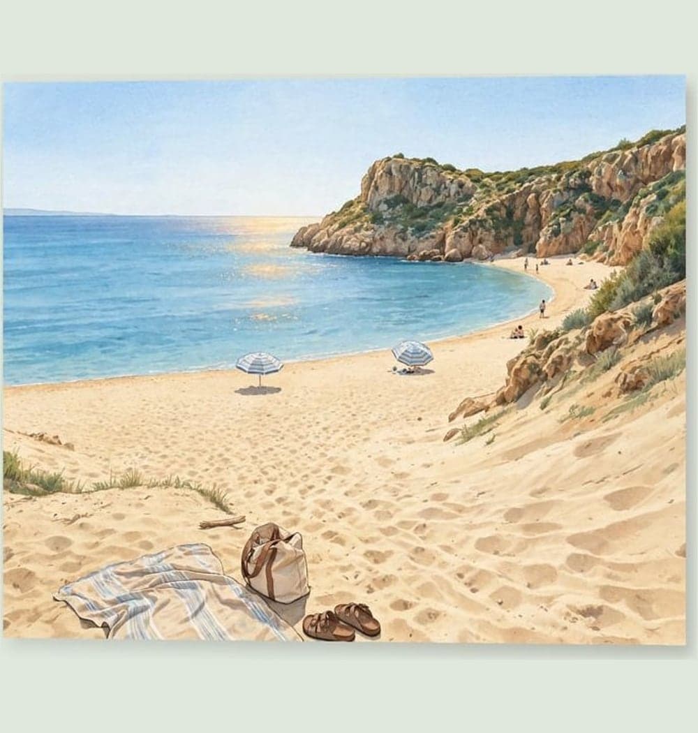 A bright, relaxed illustration with recognizable people, umbrellas, and coastline, on a photo print (example made with AI)