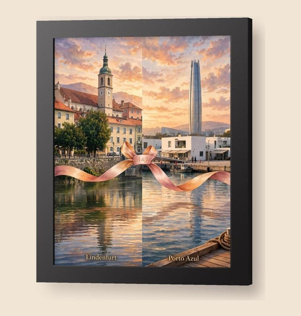 A balanced diptych-style illustration combining the two supplied city skylines with a flowing ribbon between them, on a framed print (example made with AI)