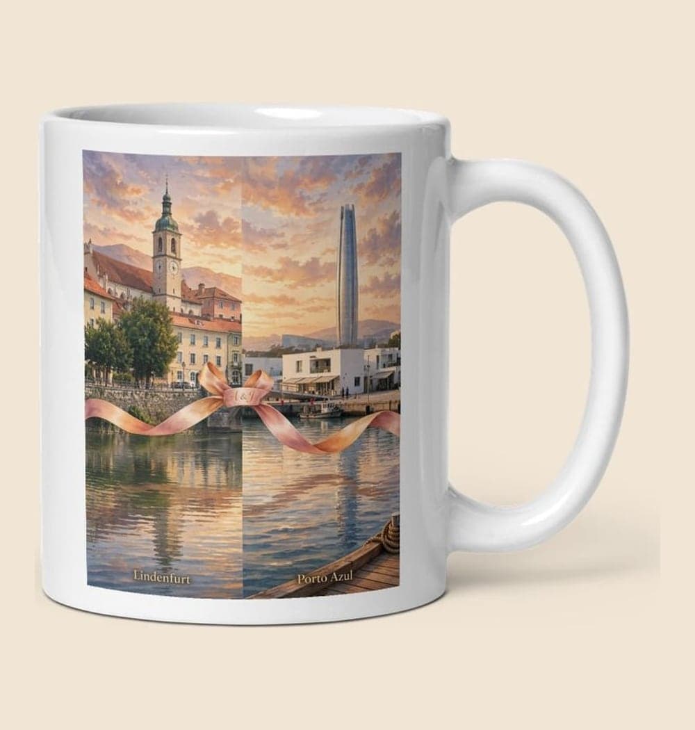 A balanced diptych-style illustration combining the two supplied city skylines with a flowing ribbon between them, on a mug (example made with AI)