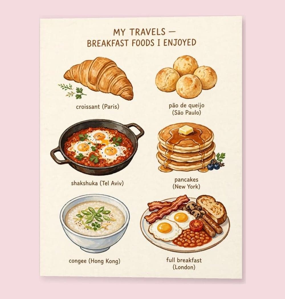 A balanced arrangement of the breakfast foods I enjoyed on the travels, using the exact supplied list, on a matte poster (example made with AI)
