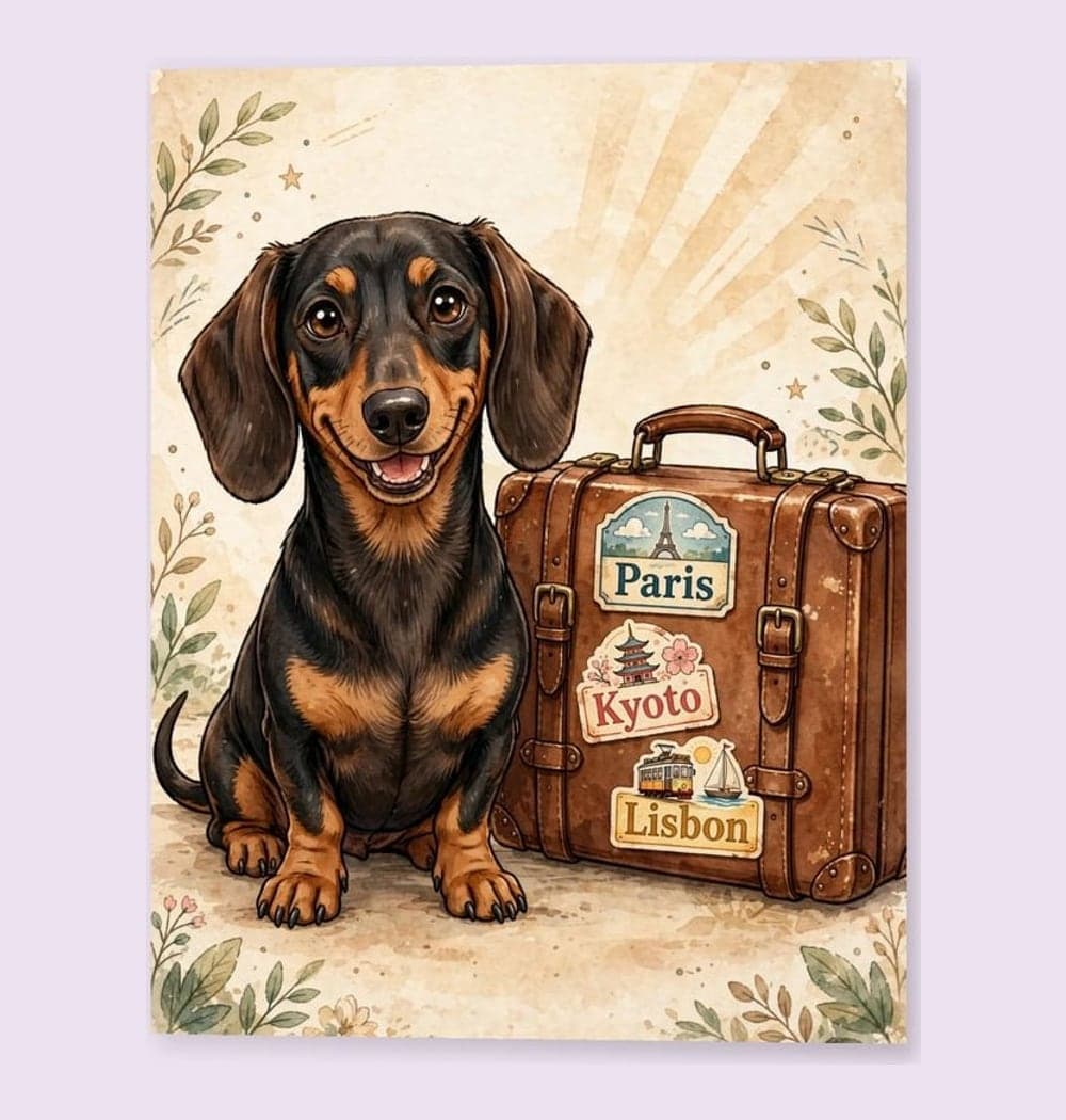 A cheerful traveler sitting beside a vintage suitcase covered in original destination stickers, on a matte poster (example made with AI)