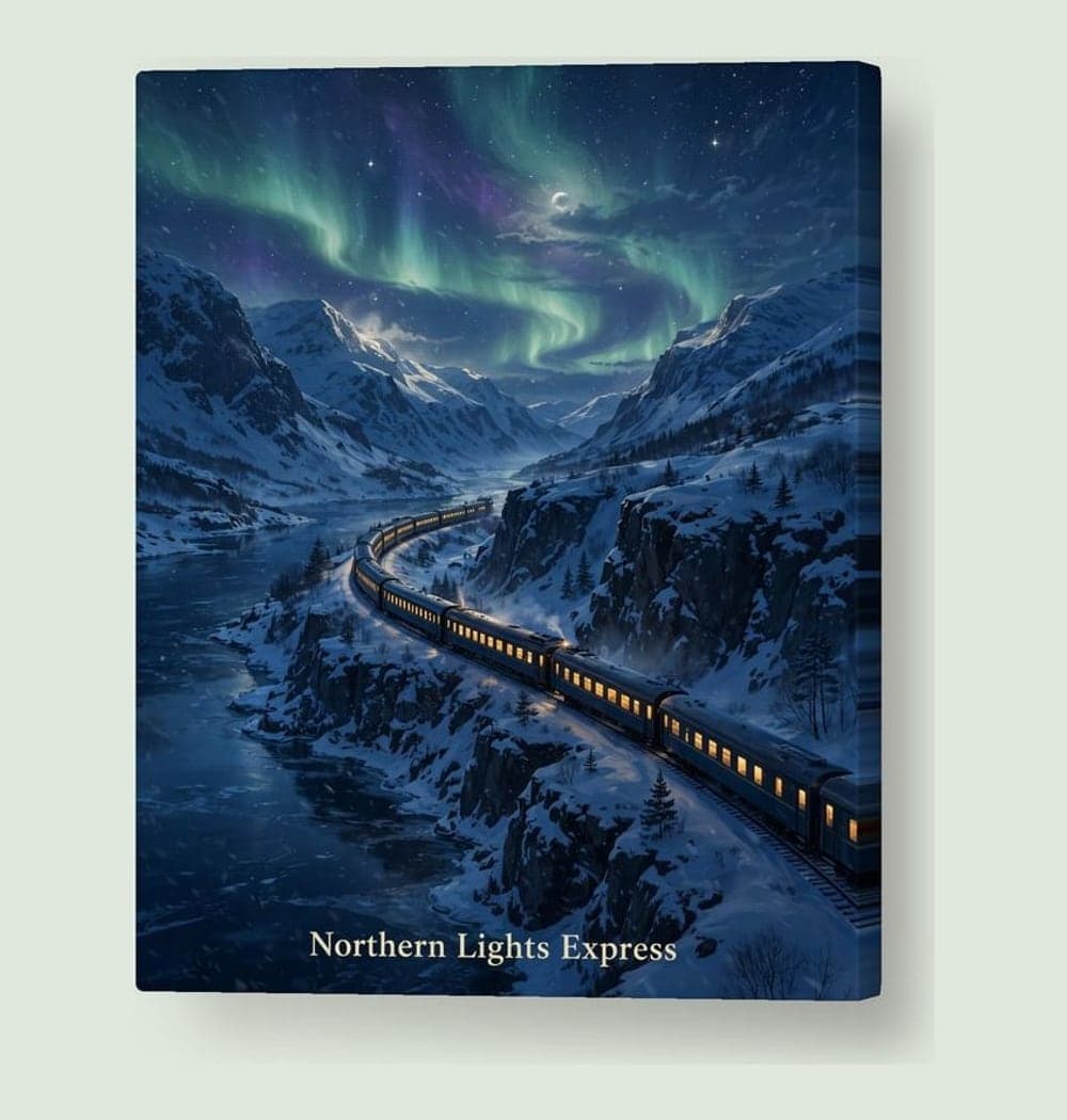 A cinematic illustration of an overnight train winding through the chosen landscape under a starry sky, on a canvas (example made with AI)