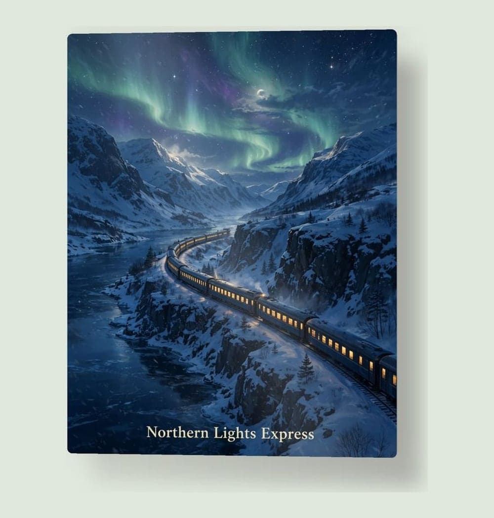 A cinematic illustration of an overnight train winding through the chosen landscape under a starry sky, on a metal print (example made with AI)
