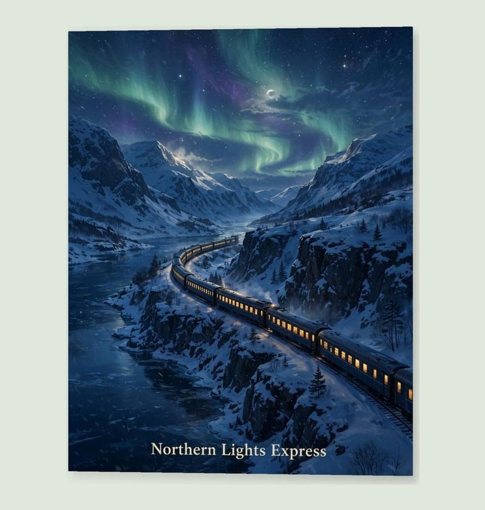 A cinematic illustration of an overnight train winding through the chosen landscape under a starry sky, on a matte poster (example made with AI)