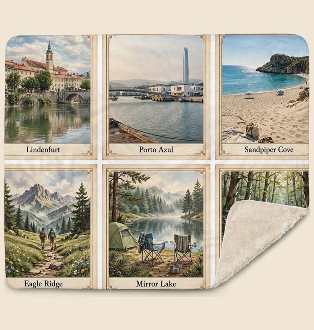 A cohesive grid of six original postcard-style illustrations based on the supplied trip photos, on a blanket (example made with AI)