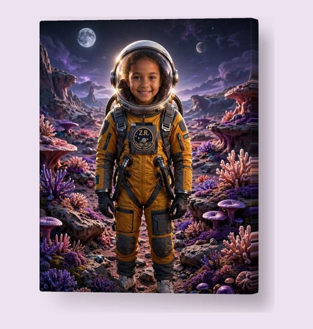 An astronaut standing on a colorful alien planet beneath two distant moons, on a canvas (example made with AI)