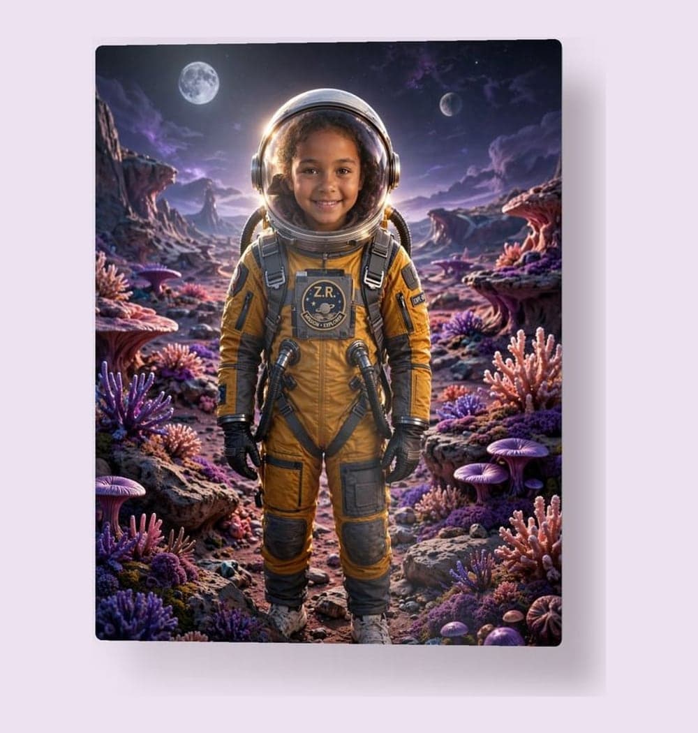 An astronaut standing on a colorful alien planet beneath two distant moons, on a metal print (example made with AI)