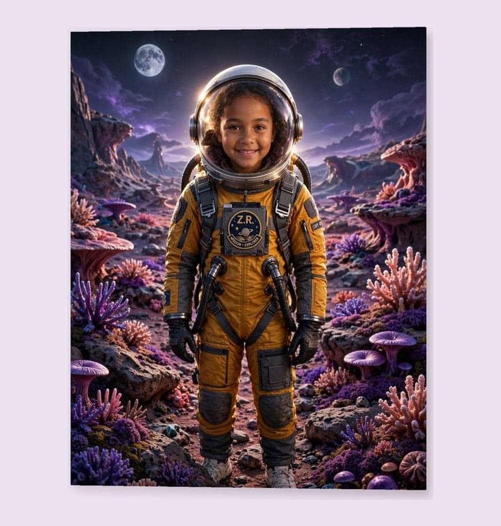 An astronaut standing on a colorful alien planet beneath two distant moons, on a matte poster (example made with AI)