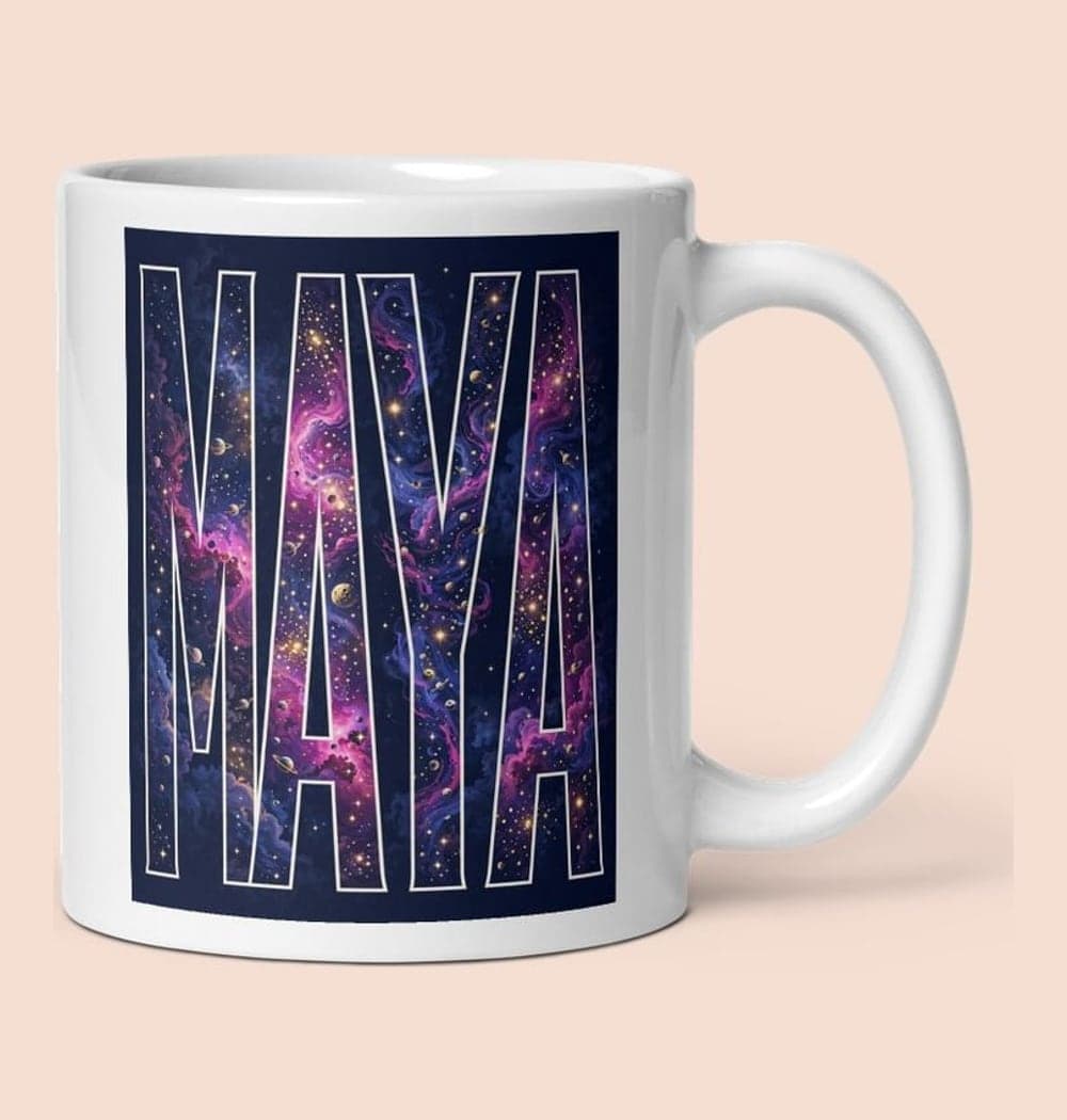 A bold typographic artwork of the supplied first name, filling the letters with stars, colorful nebulae, and tiny imaginary planets, on a mug (example made with AI)