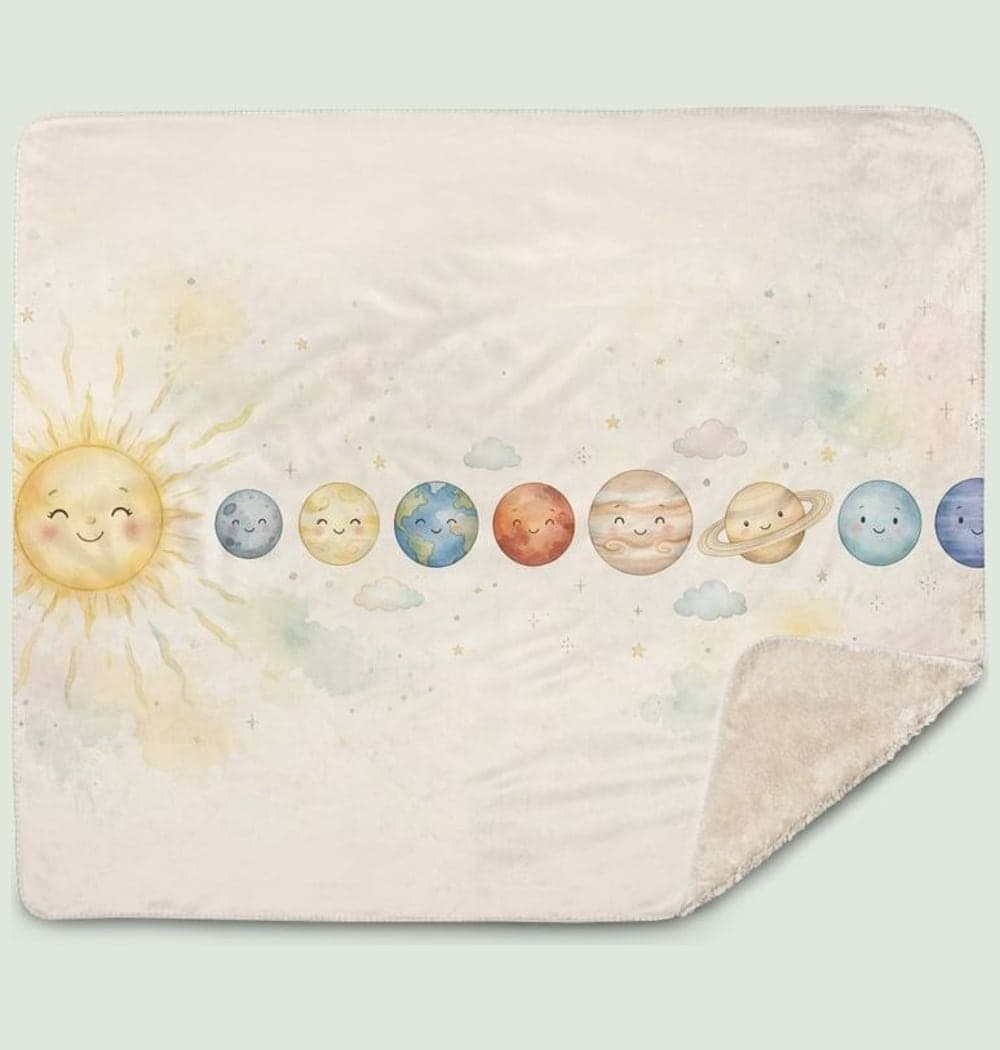 Friendly, softly smiling versions of the eight planets in correct order from the Sun, with simplified recognizable colors and Saturn's rings, on a blanket (example made with AI)
