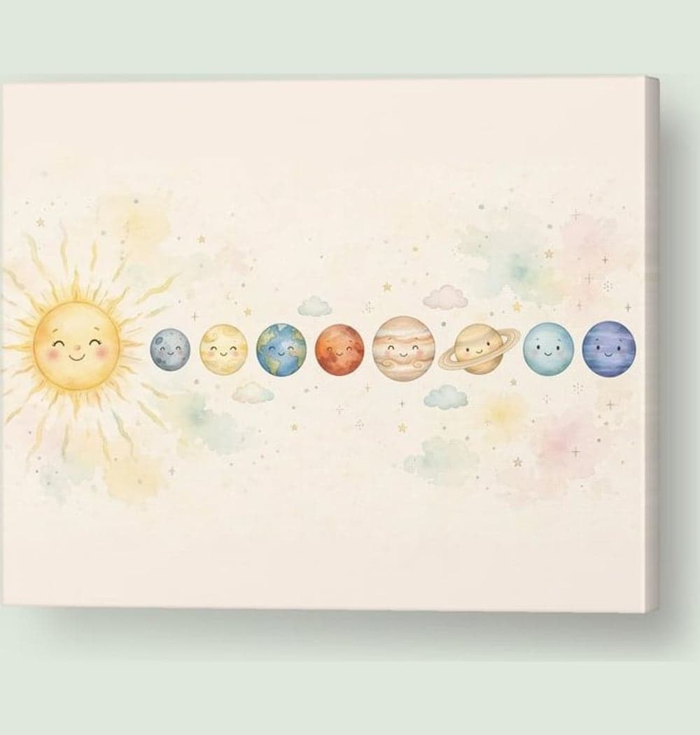 Friendly, softly smiling versions of the eight planets in correct order from the Sun, with simplified recognizable colors and Saturn's rings, on a canvas (example made with AI)
