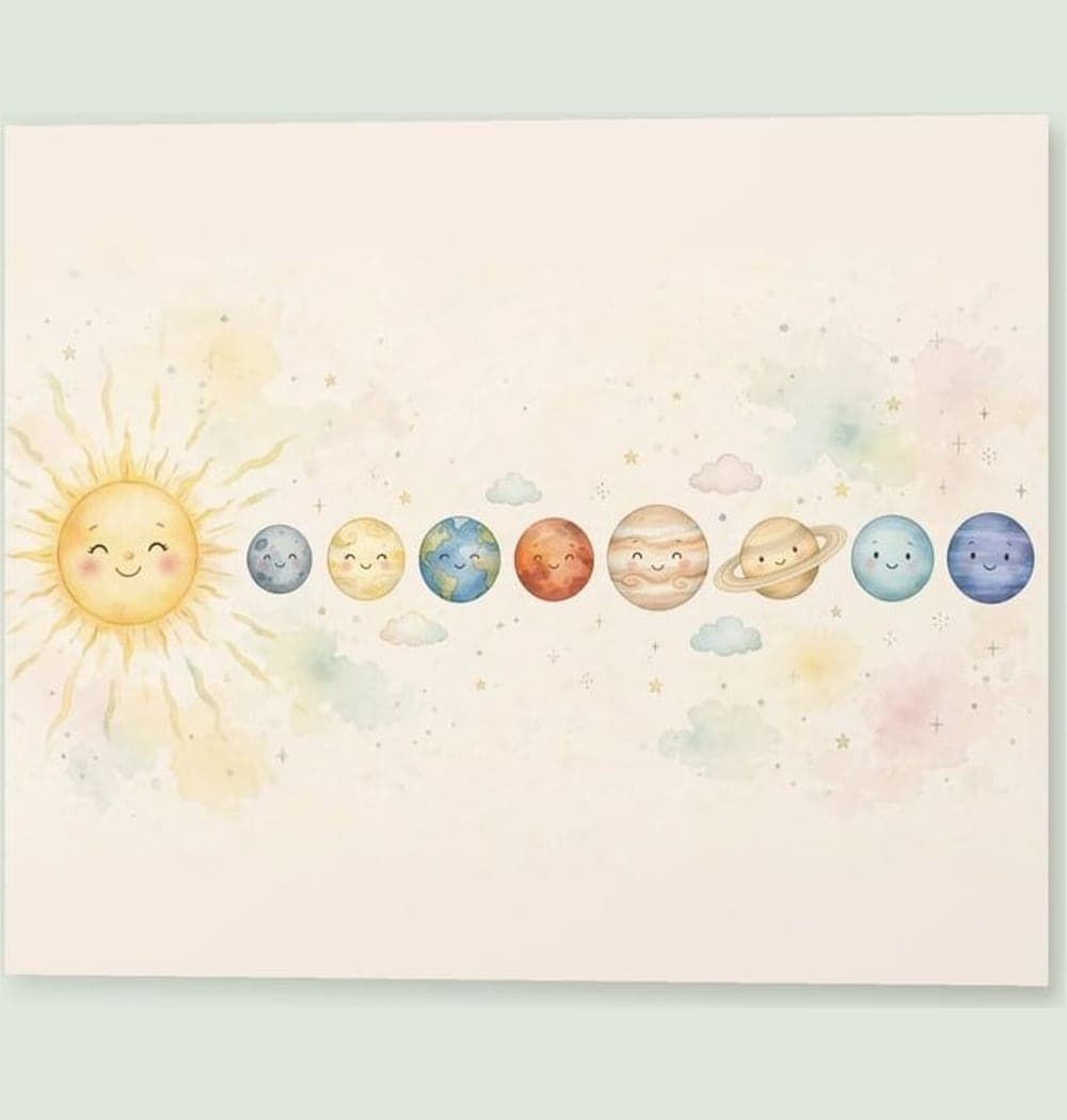 Friendly, softly smiling versions of the eight planets in correct order from the Sun, with simplified recognizable colors and Saturn's rings, on a matte poster (example made with AI)
