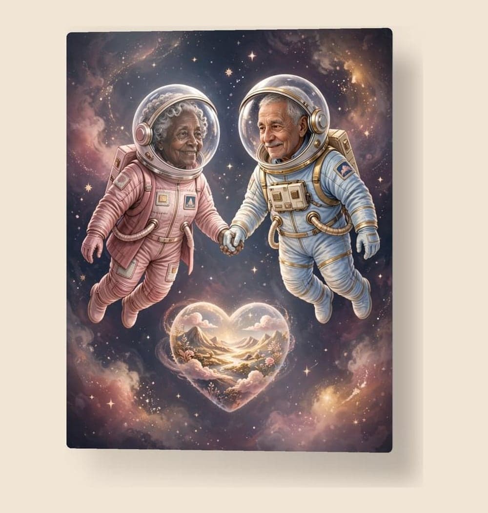 A poetic illustration of two small astronauts floating hand in hand around a heart-shaped imaginary planet, on a metal print (example made with AI)