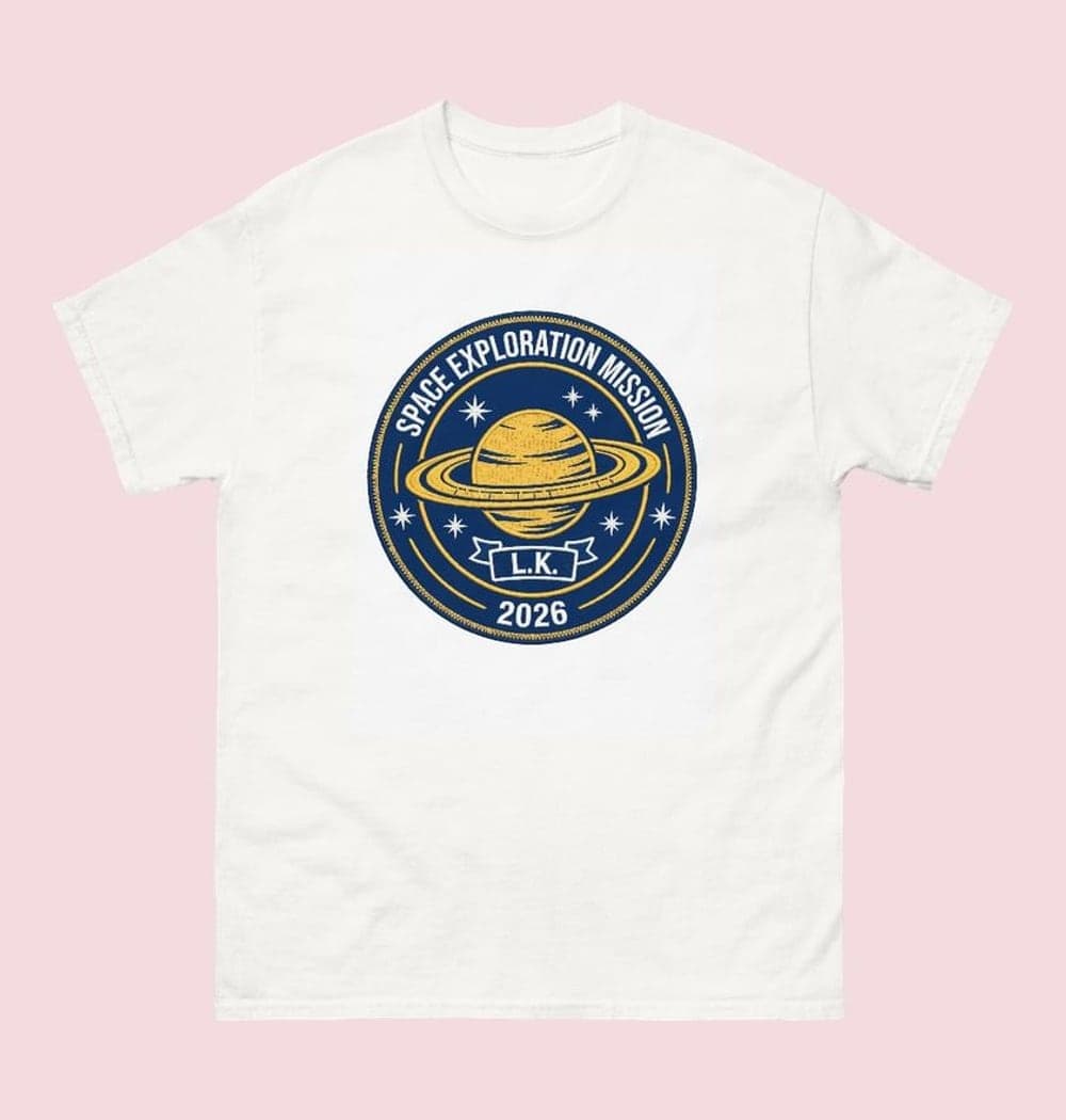 An original space-exploration mission patch using the initials, chosen year, and favorite celestial object, on a t-shirt (example made with AI)