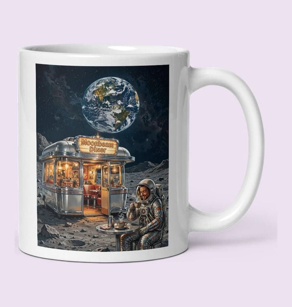 An original tiny roadside diner on a moon, with a friendly astronaut sipping coffee outside and Earth visible in the sky, on a mug (example made with AI)