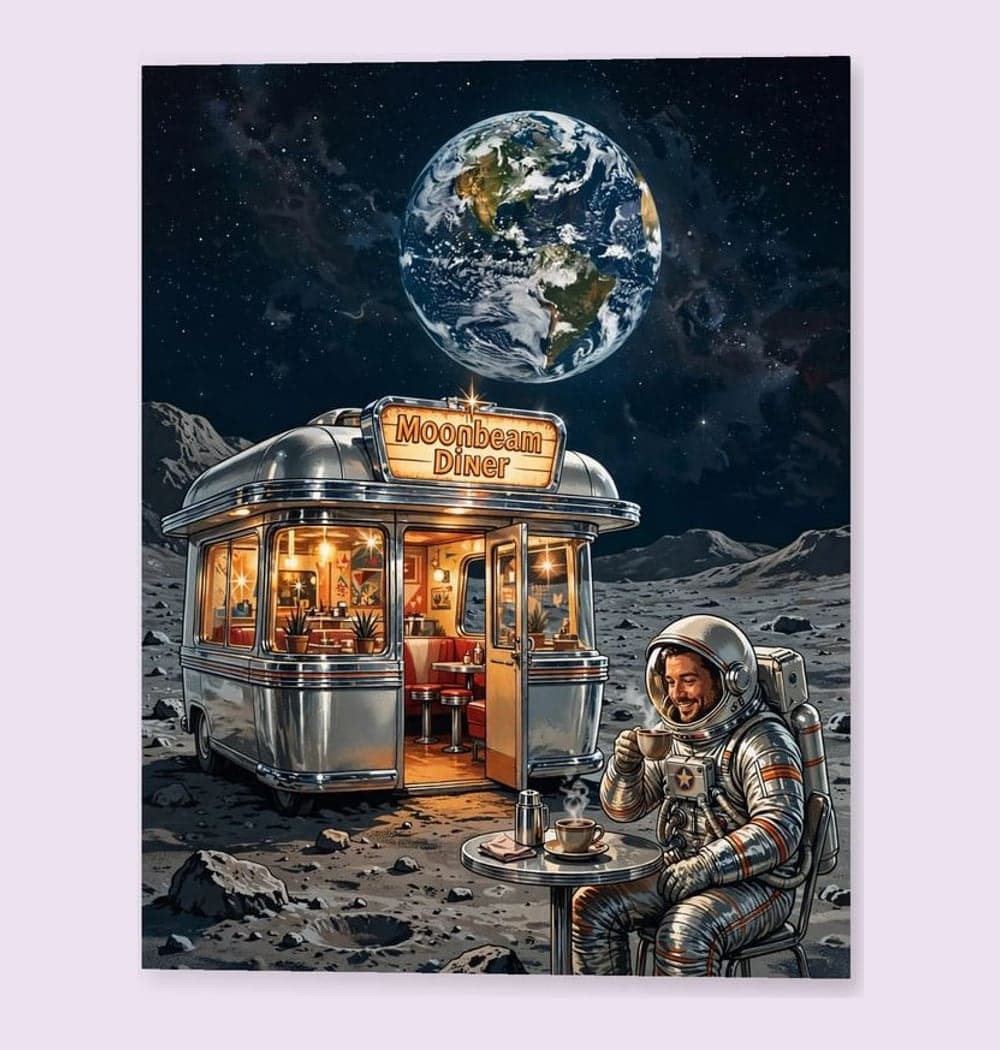 An original tiny roadside diner on a moon, with a friendly astronaut sipping coffee outside and Earth visible in the sky, on a matte poster (example made with AI)