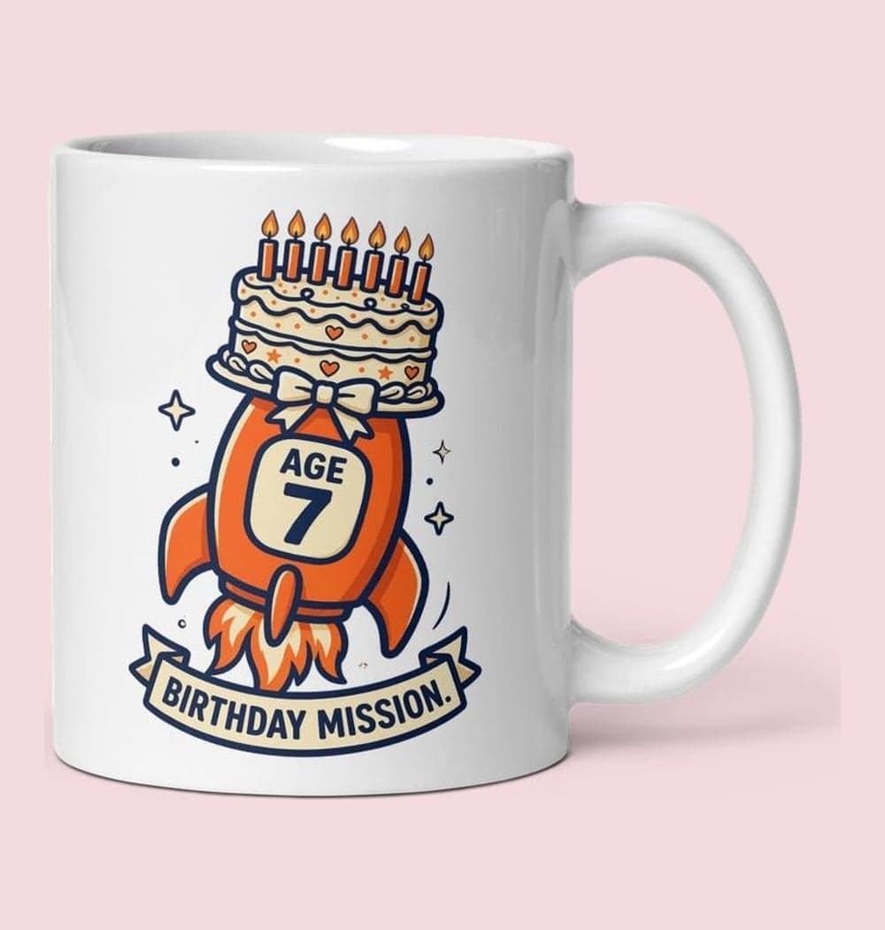 An original cartoon rocket carrying a birthday cake with the supplied age displayed clearly on its side, on a mug (example made with AI)