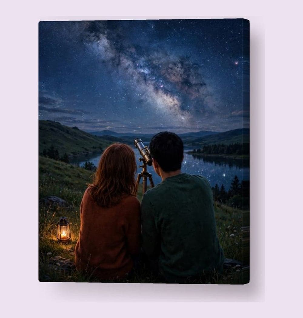 Two people viewed from behind, sharing a telescope on a quiet hill beneath a sweeping Milky-Way-inspired sky, on a canvas (example made with AI)