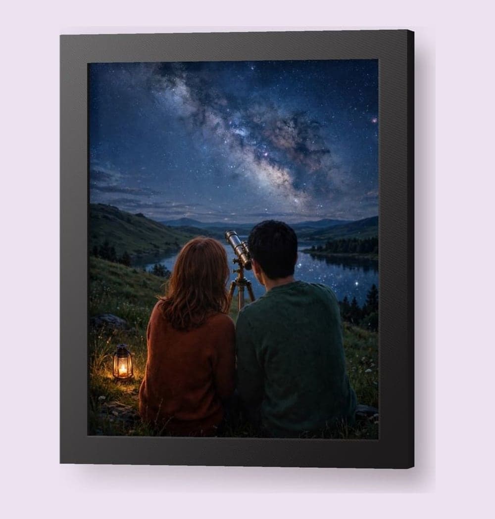Two people viewed from behind, sharing a telescope on a quiet hill beneath a sweeping Milky-Way-inspired sky, on a framed print (example made with AI)