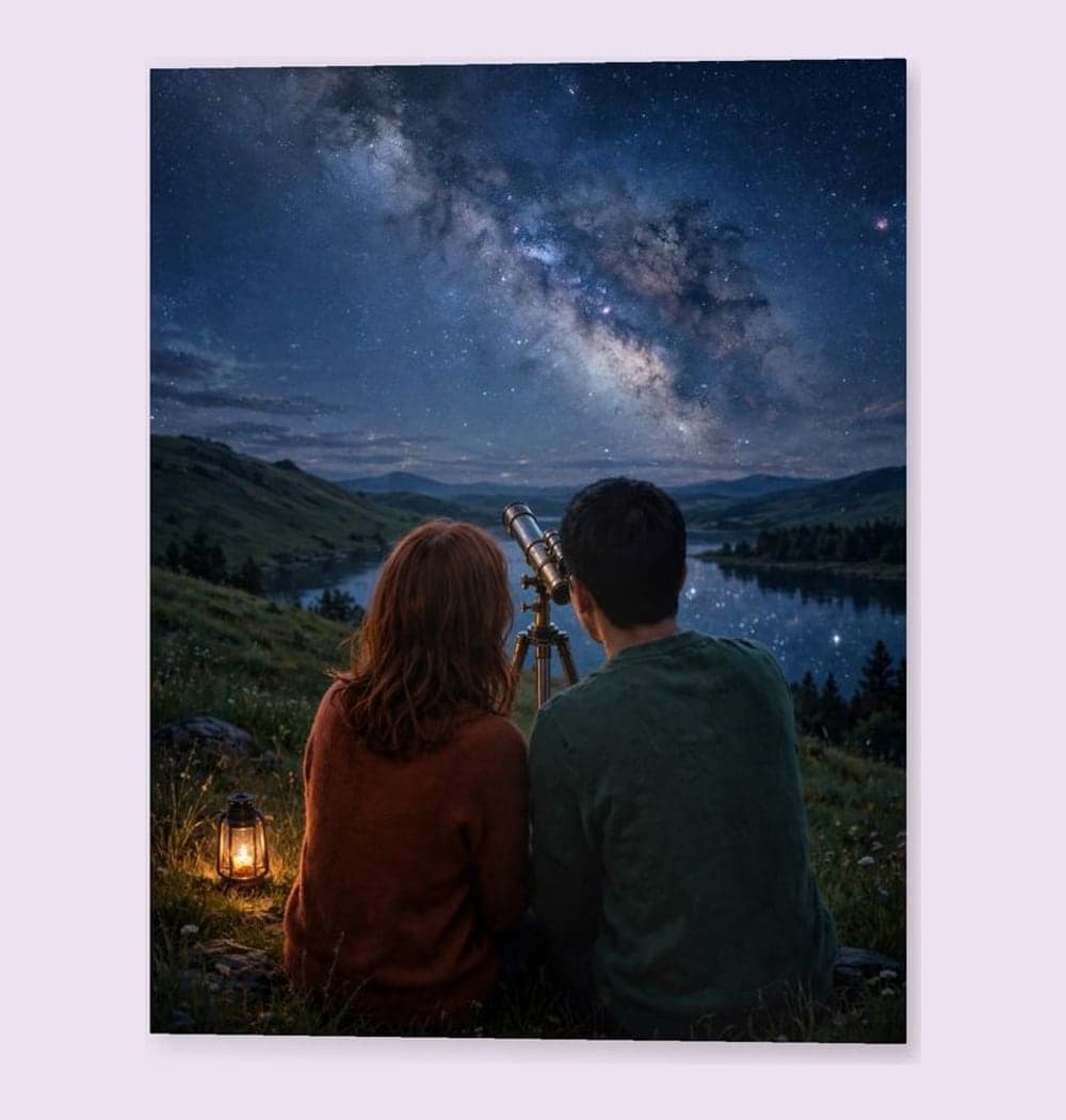 Two people viewed from behind, sharing a telescope on a quiet hill beneath a sweeping Milky-Way-inspired sky, on a photo print (example made with AI)