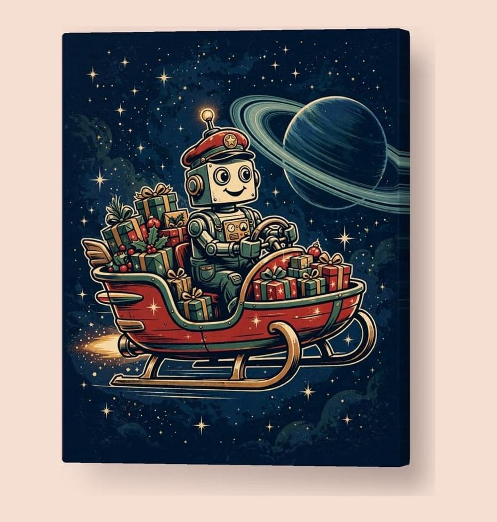 A cheerful original delivery robot steering a small sleigh-shaped spacecraft full of gifts past a ringed planet, on a canvas (example made with AI)