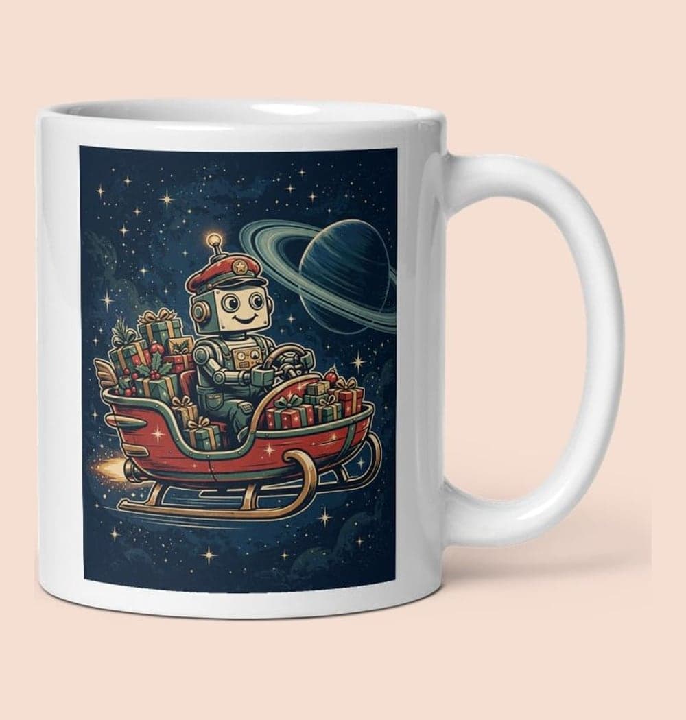 A cheerful original delivery robot steering a small sleigh-shaped spacecraft full of gifts past a ringed planet, on a mug (example made with AI)