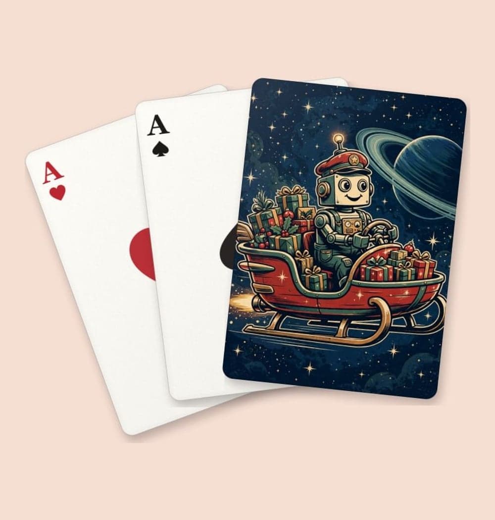A cheerful original delivery robot steering a small sleigh-shaped spacecraft full of gifts past a ringed planet, on playing cards (example made with AI)