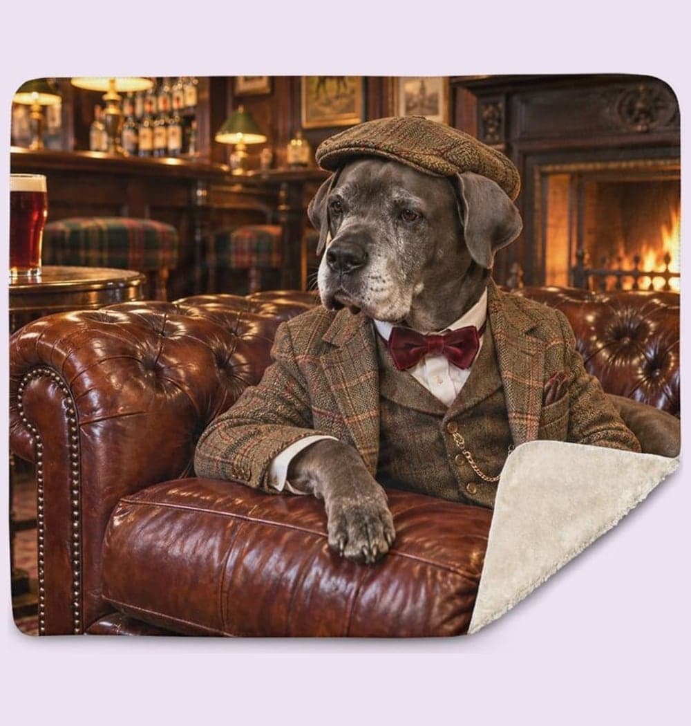 A grey dog in a tweed suit, flat cap and velvet bow tie on a leather sofa in an English pub, on a blanket (example made with AI)