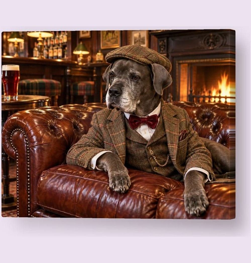 A grey dog in a tweed suit, flat cap and velvet bow tie on a leather sofa in an English pub, on a canvas (example made with AI)