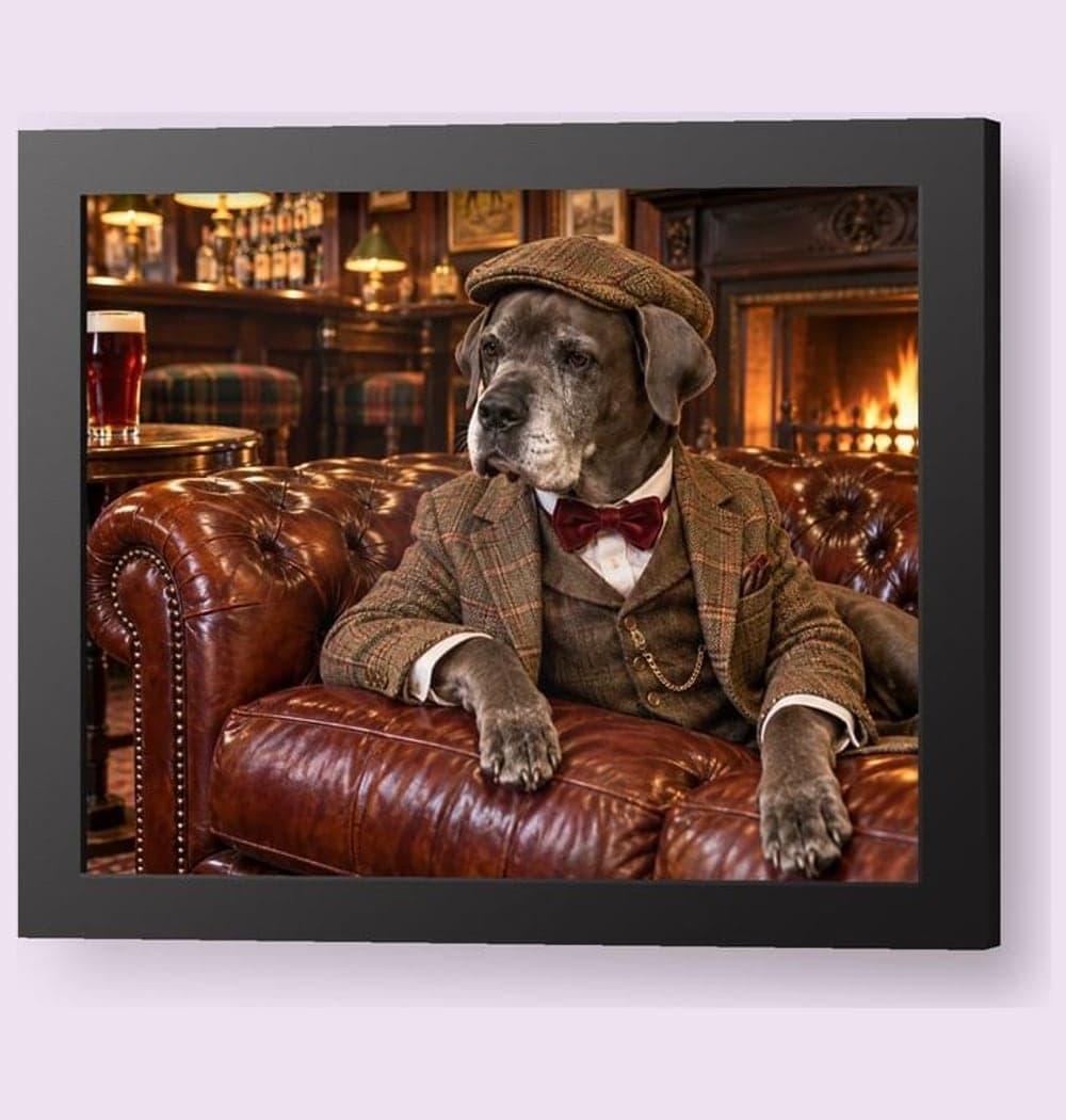 A grey dog in a tweed suit, flat cap and velvet bow tie on a leather sofa in an English pub, on a framed print (example made with AI)