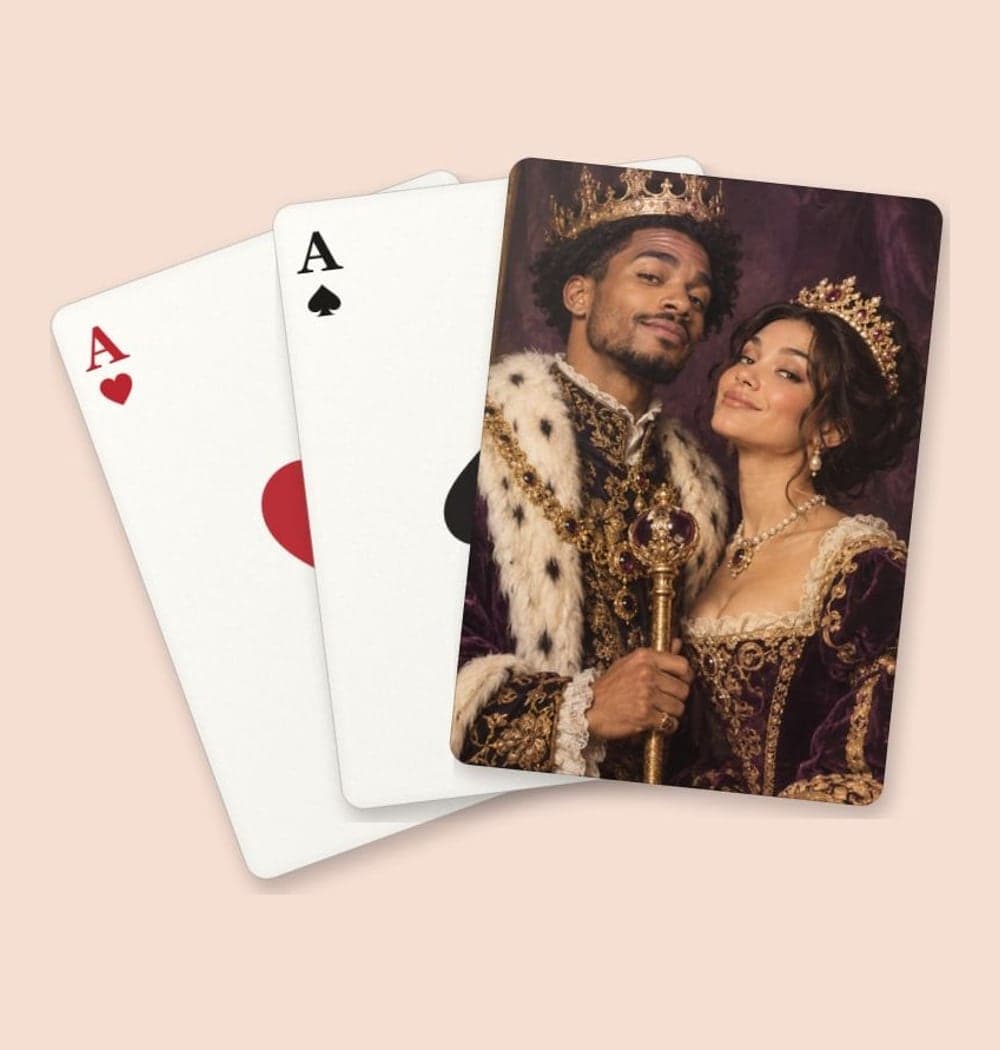A couple reimagined as a king and queen in a painted royal portrait, on playing cards (example made with AI)